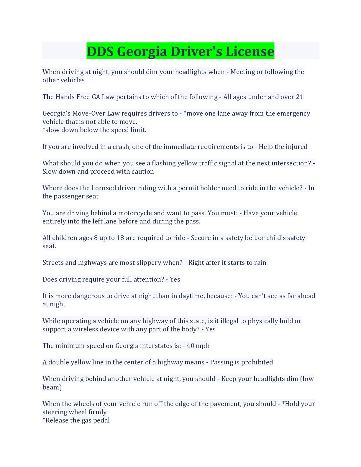 Preview image for DDS Georgia Driver's License Questions And Answers